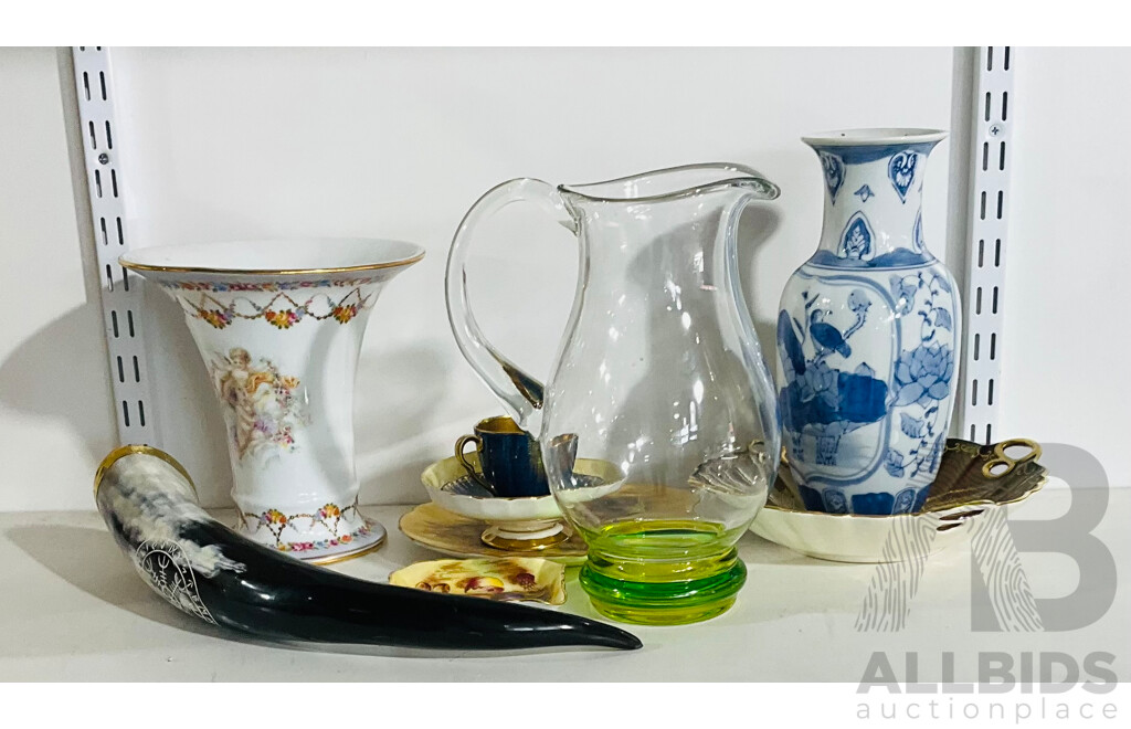 Collection of Interstellar Homeware Including Painted Porcelain Vases, Plates and Platters, Plastic Reproduction Drinking Horn and Glass Jug with Green Base