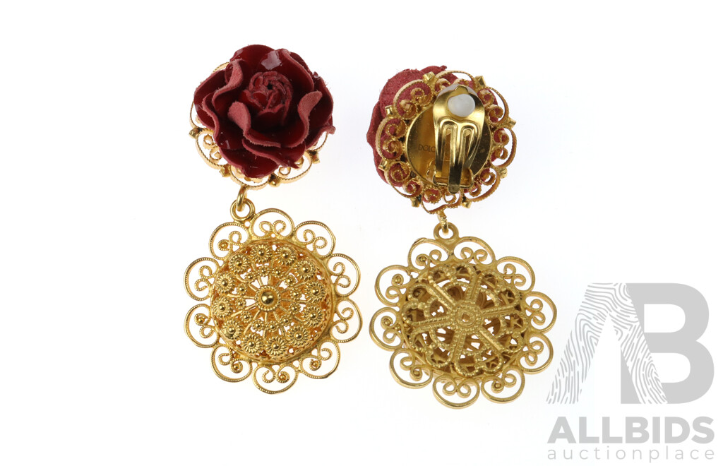 Dolce & Gabbana Simply Stunning Vintage Gold Plated Rose Drop Clip on Earrings