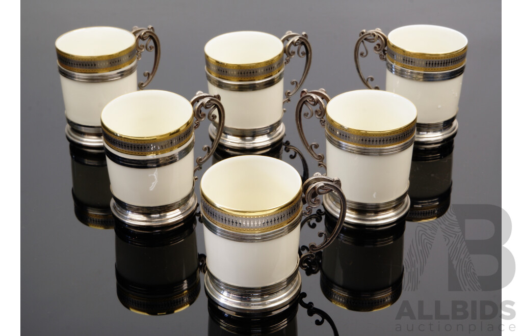 Set Six Heinrich Fine Porcelain Tea Cups with Gilt Detail to Rim with 800 Silver Mounts