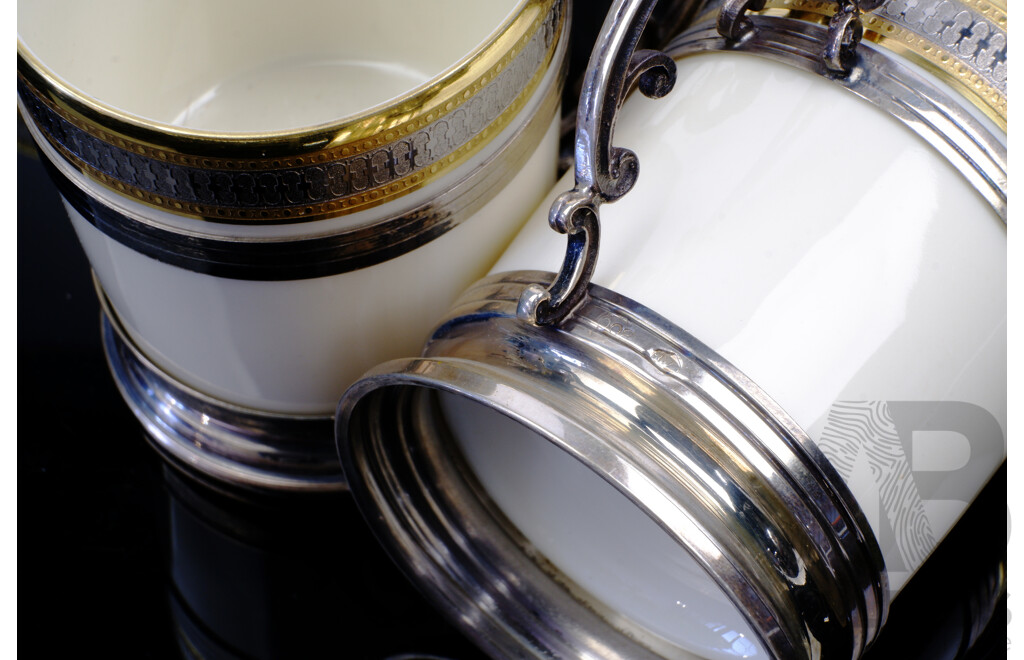 Set Six Heinrich Fine Porcelain Tea Cups with Gilt Detail to Rim with 800 Silver Mounts
