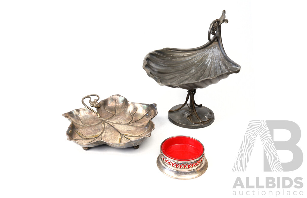 Antique Silver Plate Taza with Scallop Form Dish and Bird Detail to Handle Along with Another Silver Plate Grape Leaf Dish and Wine Bottle Coaster