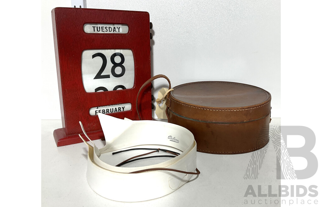Vintage Wooden Perpetual Calendar Alongside Two Collar Measurements in Original Leather Box