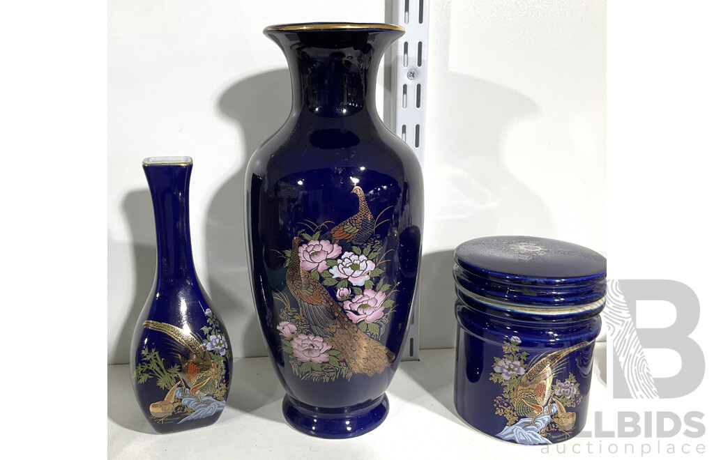 Trio of Asian Bird Motif Ceramic Items Includes Two Vases and a Lidded Pot