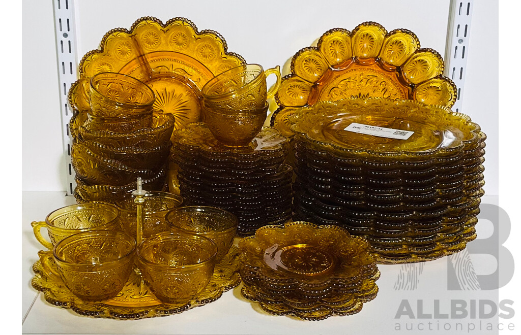 51pc, Vintage Pressed Amber Glass Party Set
