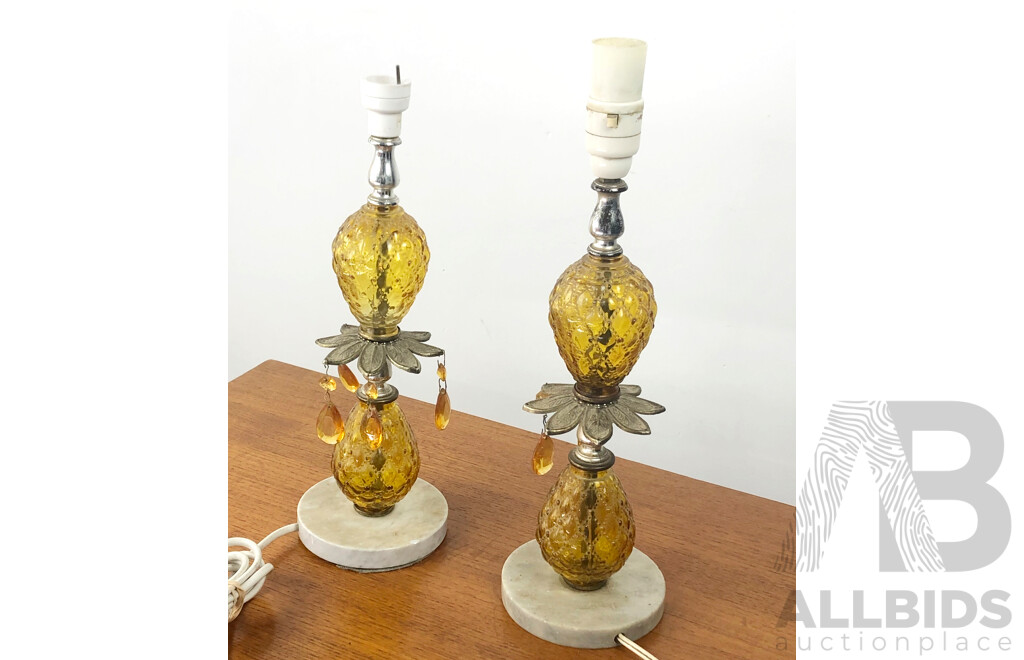 Pair of Vintage Amber Glass Table Lamps with Marble Base