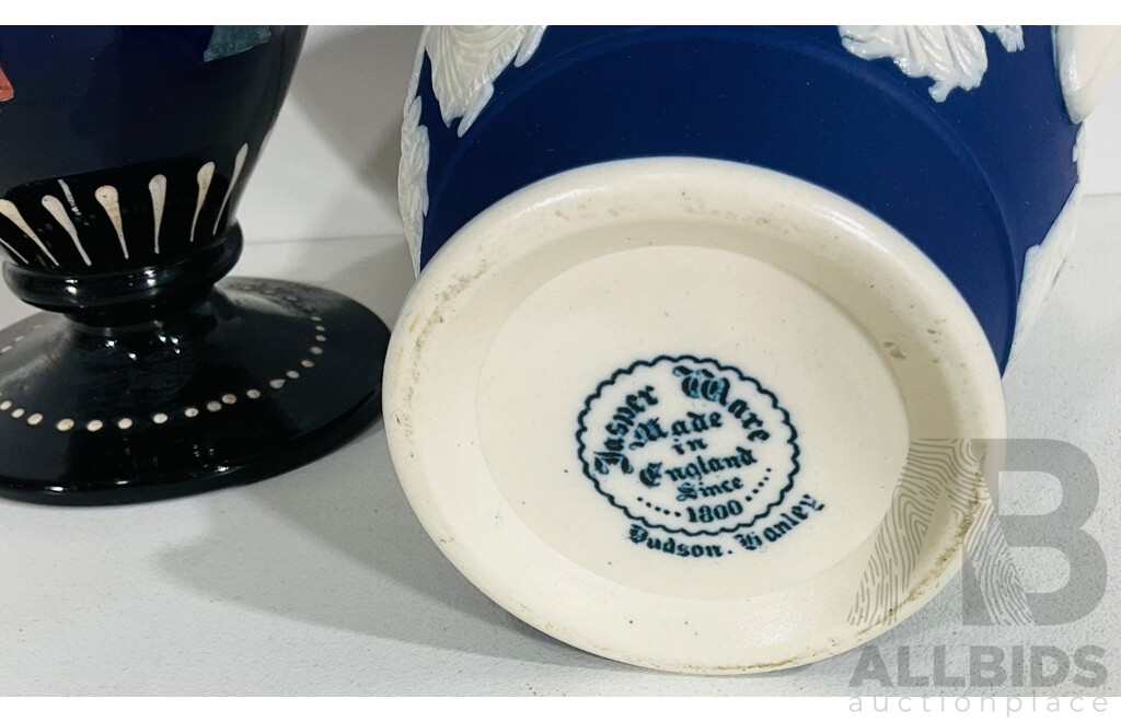 Pair of Decorative Vintage Homewares Including Handpainted Blue Glass Vase and Jasper Ware Jug