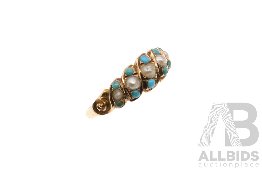 Antique 15ct Seed Pearl & Turquoise Cabochon Ring, C.1868, Size N, 2.45 Grams