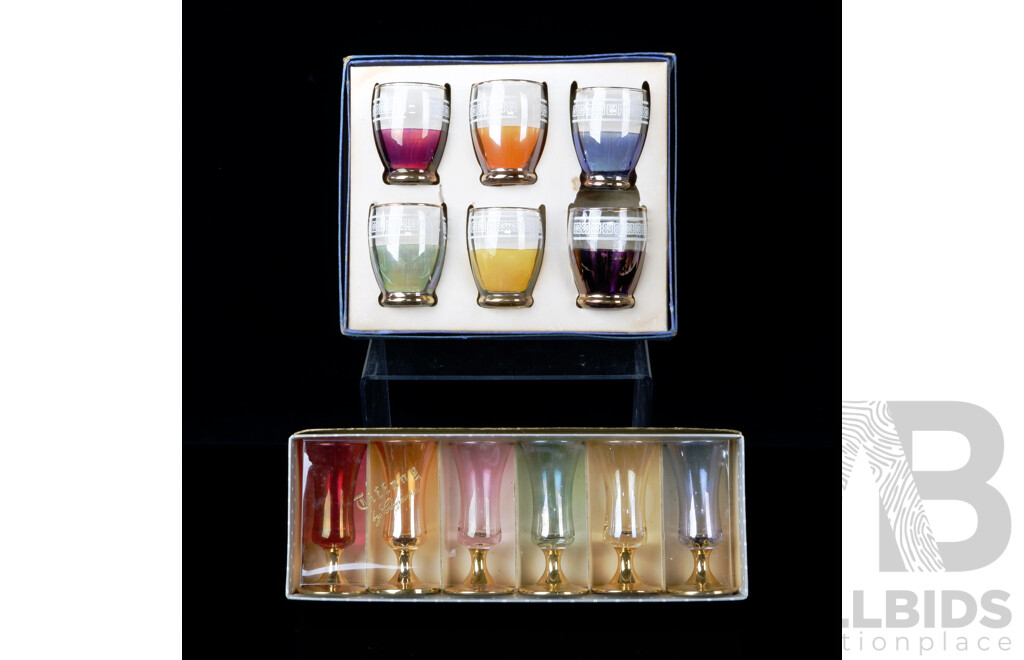 Vintage Boxed Six Harlequin Sherry Glasses Along with Another Boxed Six Harlequin Glass Set