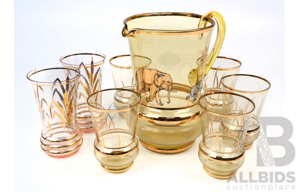 Vintage Lemonade Pitcher with Elephant Theme Along with Selection Vintage Glasses