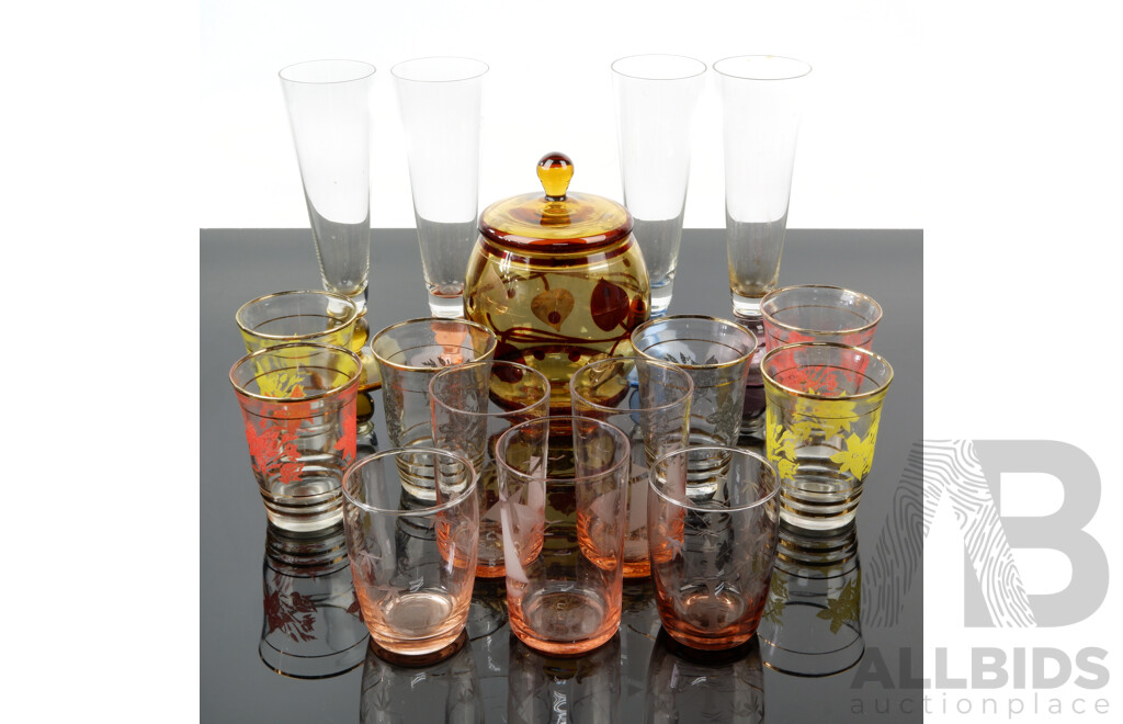 Collection Vintage Harlequin Glassware Along with Vintage Lidded Jar