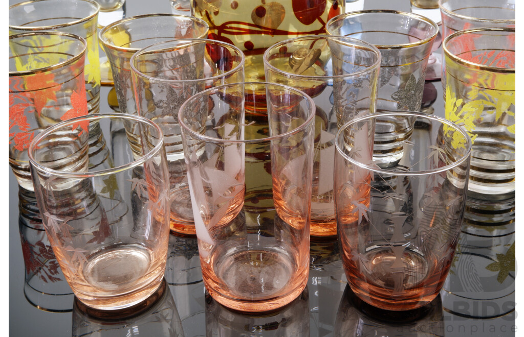 Collection Vintage Harlequin Glassware Along with Vintage Lidded Jar