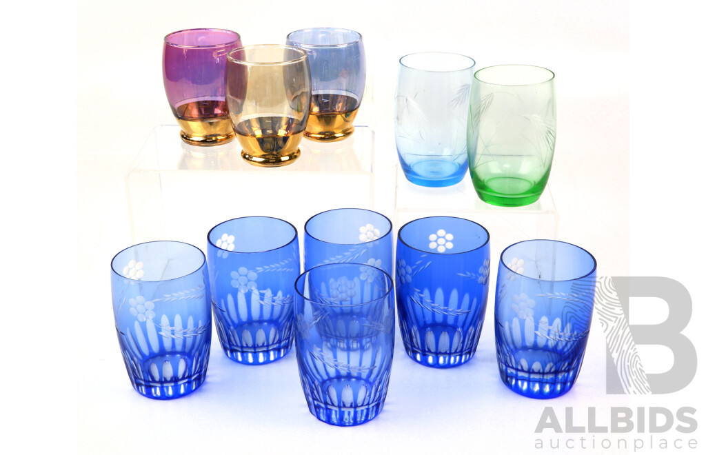 Collection Vintage Harlequin Glassware Including Set Six Blue Flashed Examples with Etched Detail