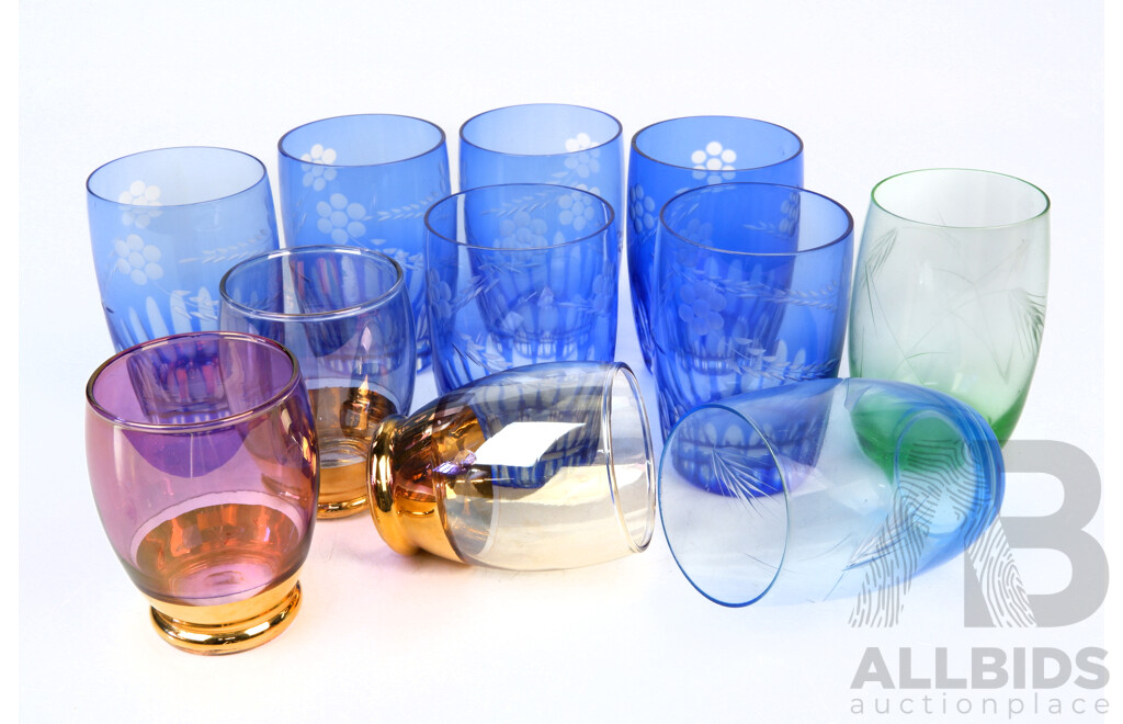 Collection Vintage Harlequin Glassware Including Set Six Blue Flashed Examples with Etched Detail