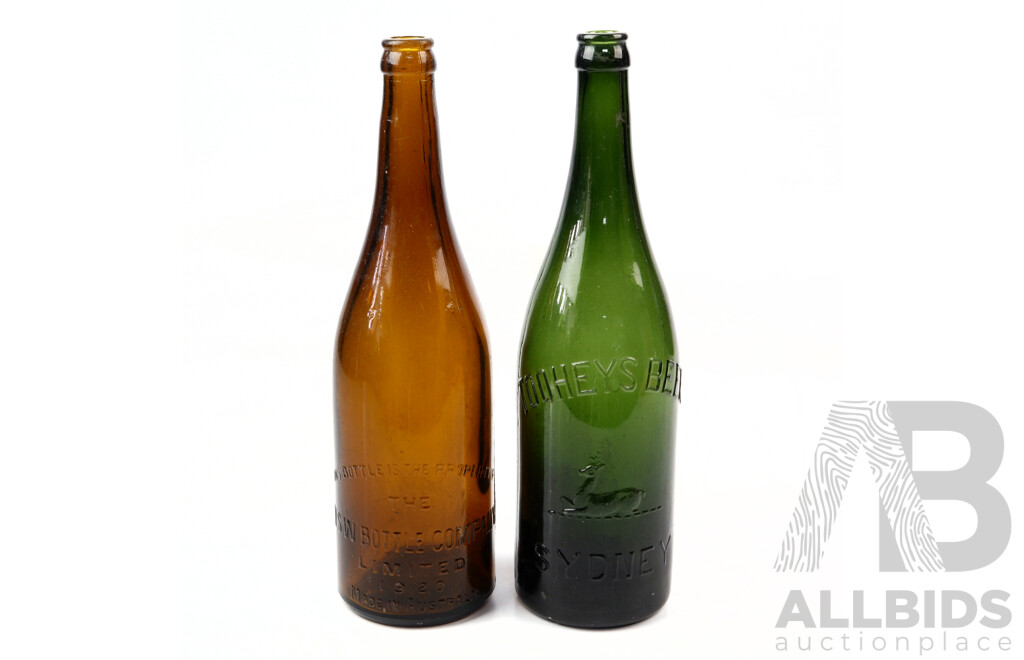 Antique NSW Bottle Co Brown Bottle Along with Antique Tooheys Beer Green Bottle