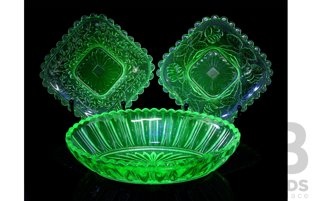 Two Antique Uranium Glass Crown Crystal Square Form Dishes and Oval Form Dish