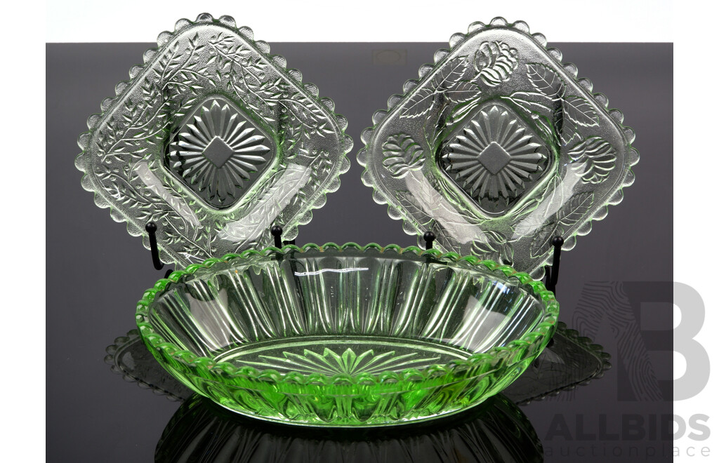 Two Antique Uranium Glass Crown Crystal Square Form Dishes and Oval Form Dish