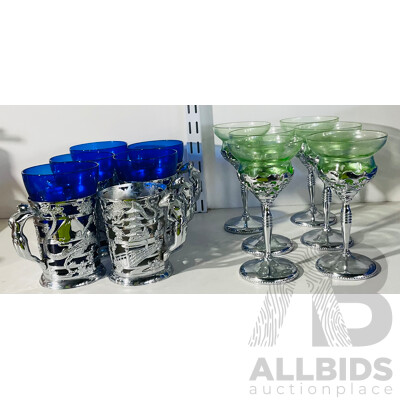 Collection of Vintage Glassware Including 4 Blue Glass Cups with Metal Decorations and 6 Green Glasses with Metal Stem