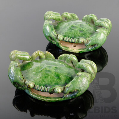 Pair Chinese Green Glazed Pottery Crab Form Wall Pockets