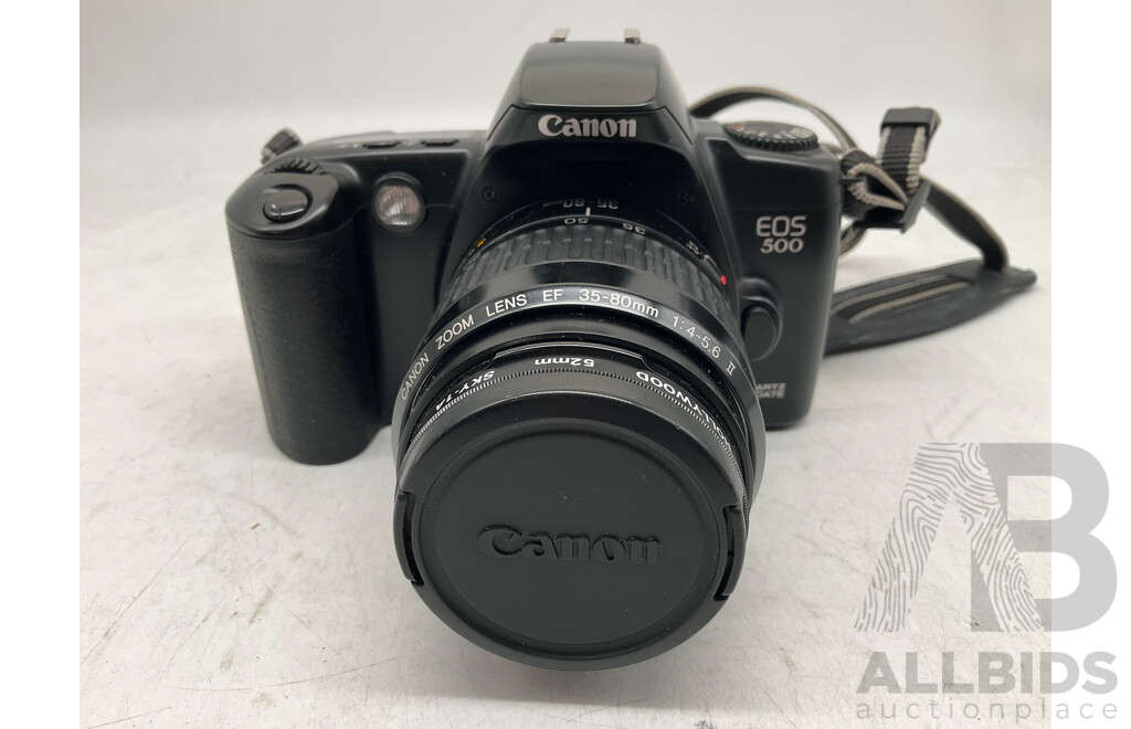 CANON EOS 500 Camera W/ Zoom Lens EF 53.7mm 1-4-5.6, Bookelt & Evergreen Case