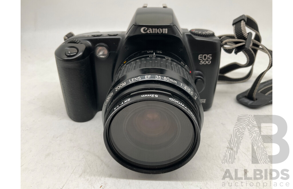 CANON EOS 500 Camera W/ Zoom Lens EF 53.7mm 1-4-5.6, Bookelt & Evergreen Case