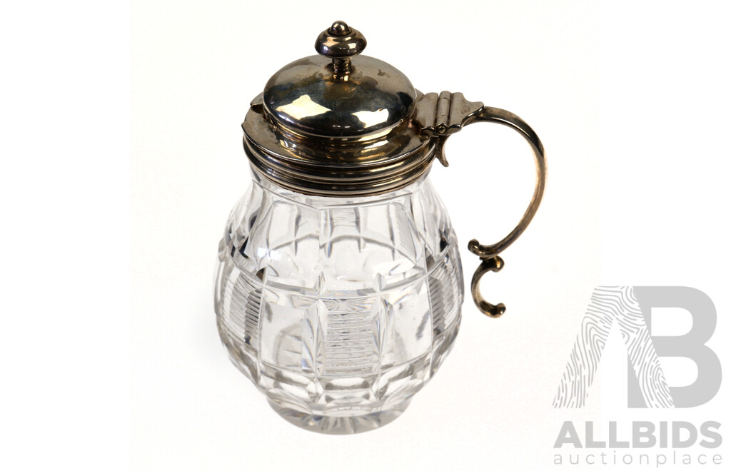 Antique Late Victorian Crystal Mustard Pot with Sterling Silver Lid and Handle, Sheffield, 1879, Martin Hall & Co