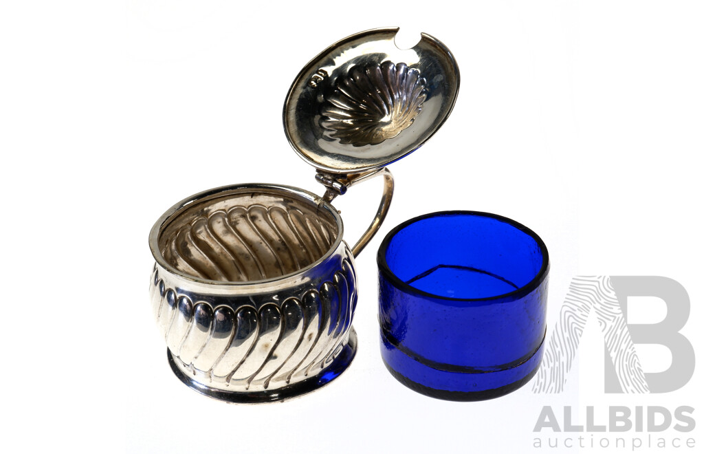 Antique Sterling Silver Mustard Pot with Blue Glass Liner, John Millward Banks, Birmingham, 1893