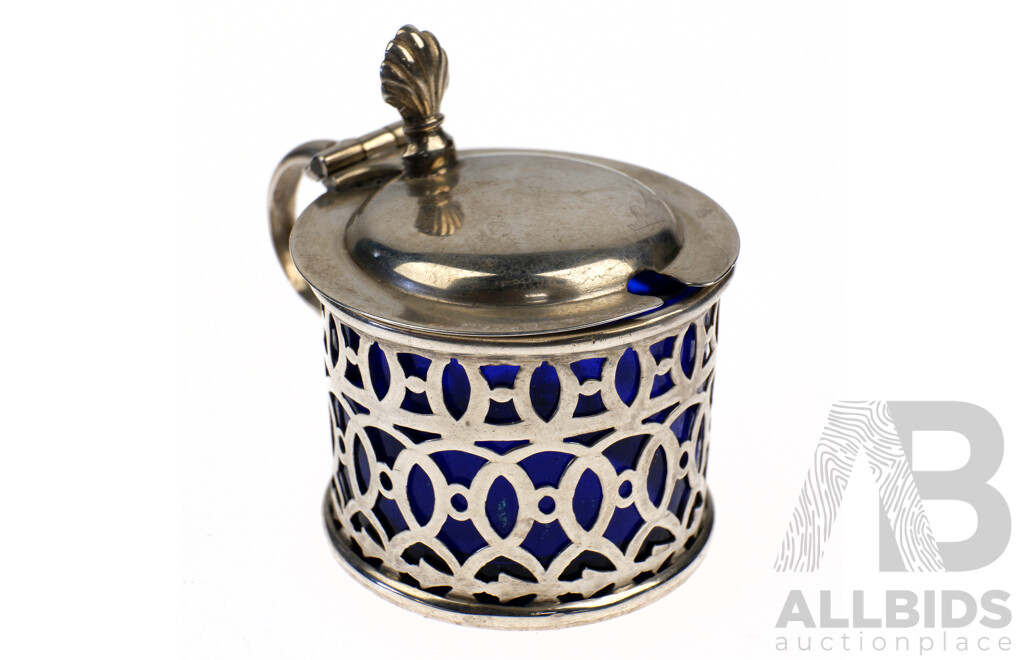 Antique Sterling Silver Mustard Pot with Blue Glass Liner, Mappin & Webb, Birmingham, 1909