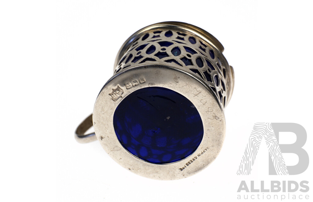Antique Sterling Silver Mustard Pot with Blue Glass Liner, Mappin & Webb, Birmingham, 1909