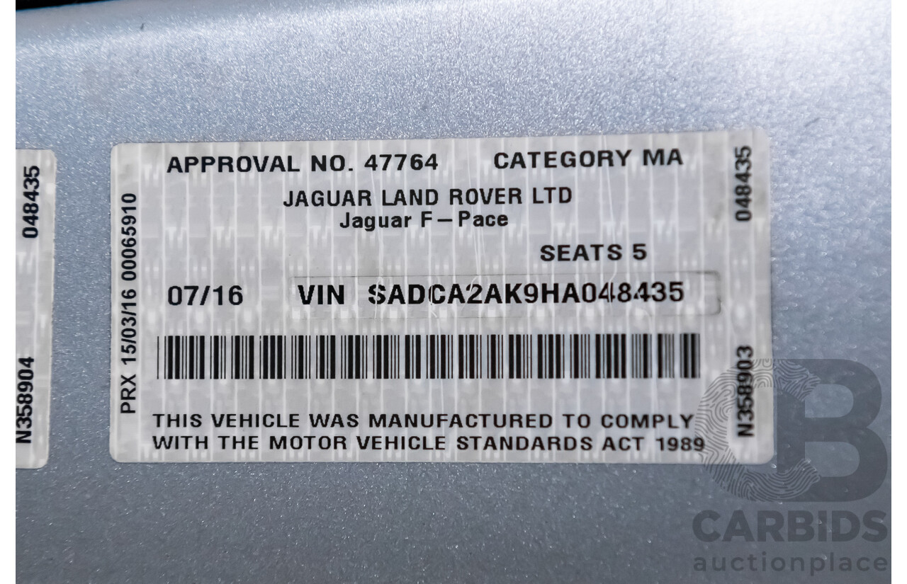 07/16 Jaguar F-Pace 30d R-Sport AWD 4D Wagon Rhodium Silver Turbo 3.0L