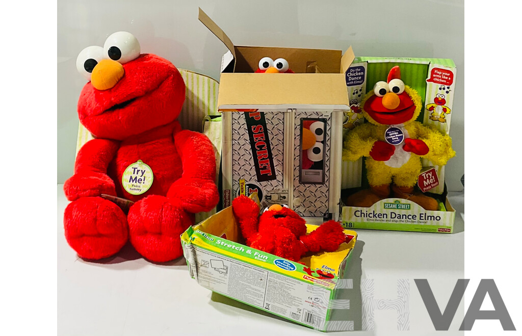 Collection of Four Vintage Elmo Toys in Original Boxes Including Chicken Dance Elmo