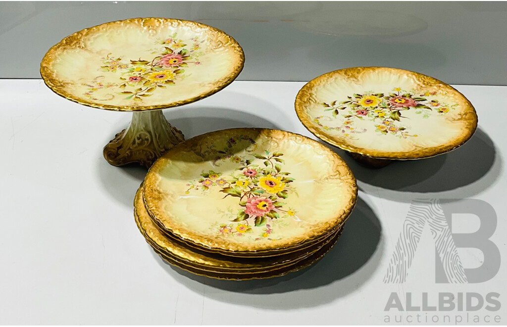 Collection of Vintage Carlton Ware ‘Peony’ Comprising Five Plates, One Tall Cake Stand and One Shorter Cakestand