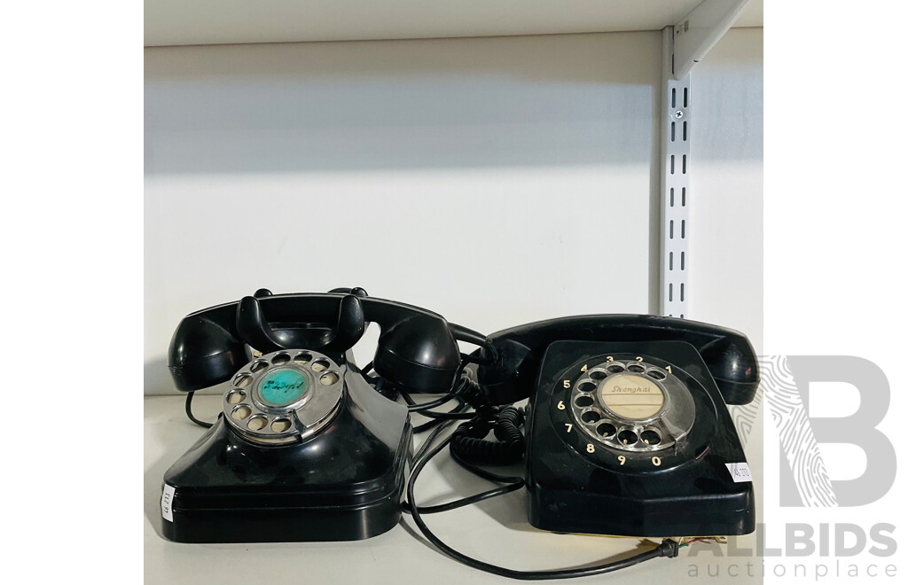 Pair of Vintage Rotary Dial Phones with Damaged Power Cables