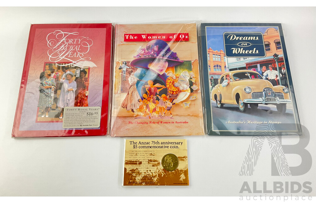 Australia Post Heritage Post Books Including Dreams on Wheels, Women of Oz, Forty Royal Years (All Lacking Stamps) with RAM 1990 Five Dollar Coin