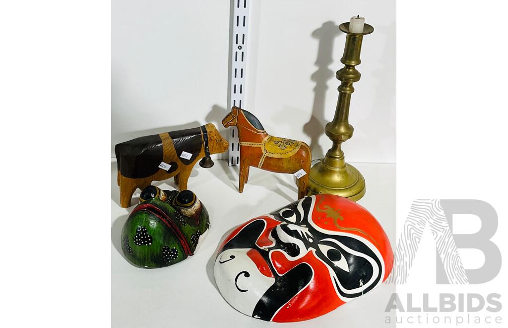 Collection of Decorative Homewares Including Tribal Mask, Wooden Frog Ahead with Moveable Jaw, Brass Candlestick and More