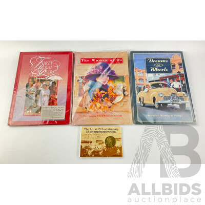 Australia Post Heritage Post Books Including Dreams on Wheels, Women of Oz, Forty Royal Years (All Lacking Stamps) with RAM 1990 Five Dollar Coin