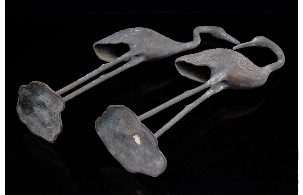 Pair Cast Patinated Bronzed Metal Crane Figures