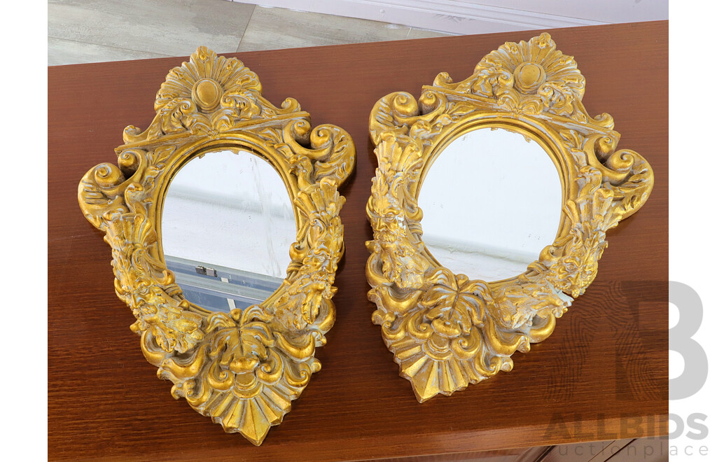 Guiltwood and Gessoo Style Moulded Plastic Mirrored Wall Sconces