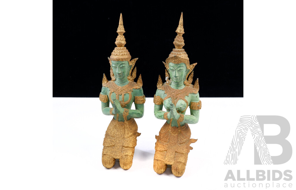 Pair Cast Patinated Bronzed Metal Thai Praying Figures