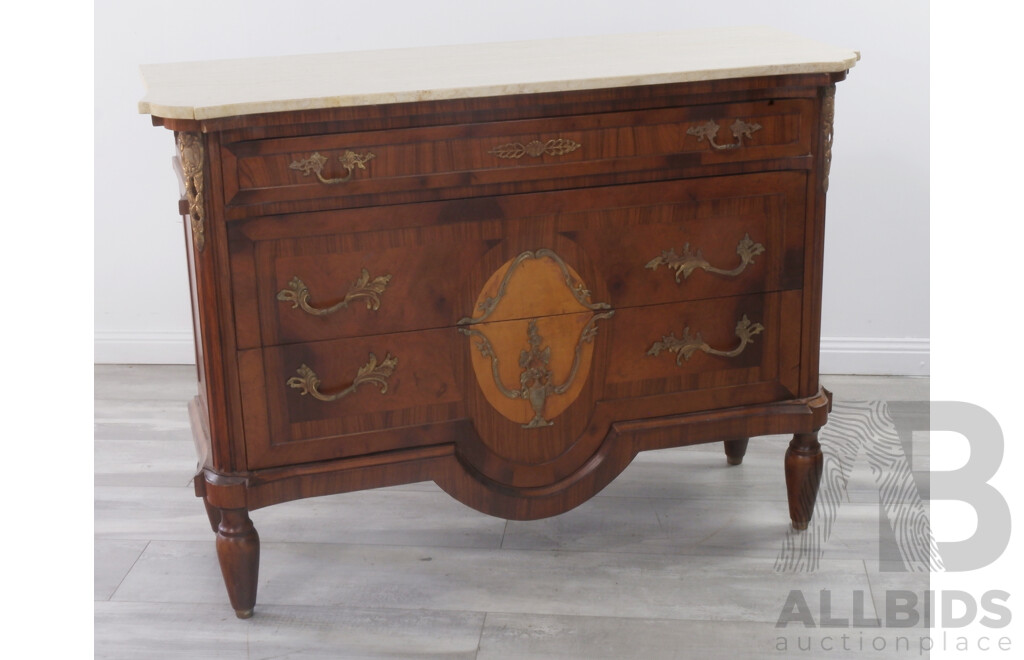 Reproduction French Style Three Drawer Commode with Travertine Top