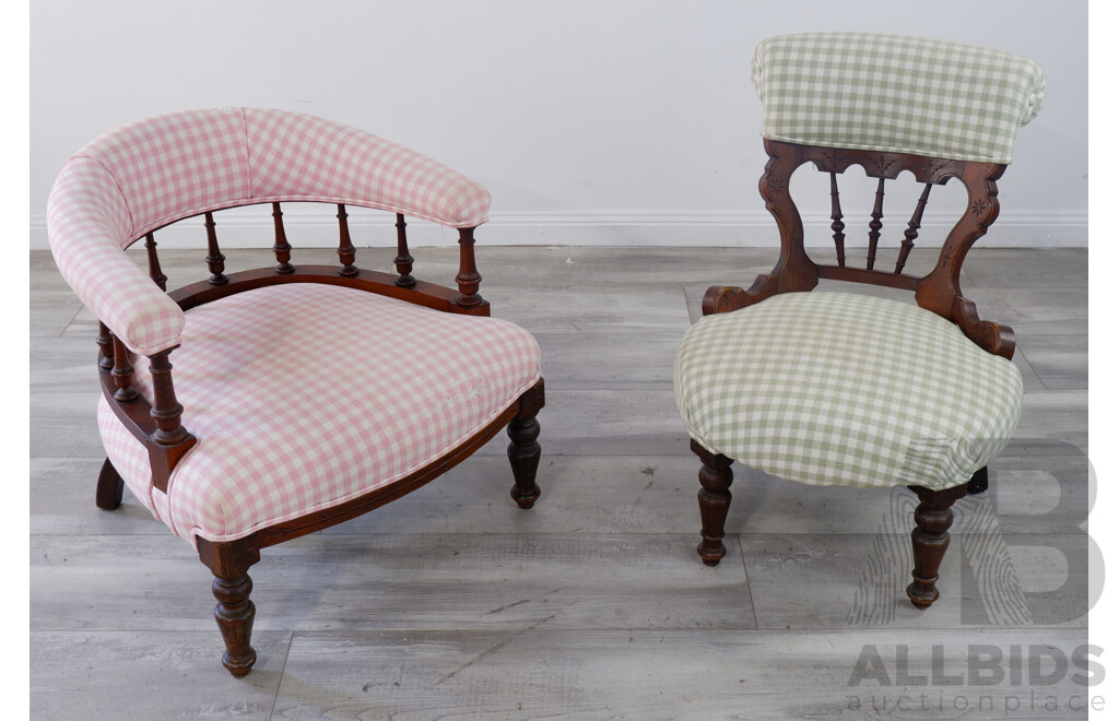 Two Edwardian Salon Chairs with Gingham Upholstery