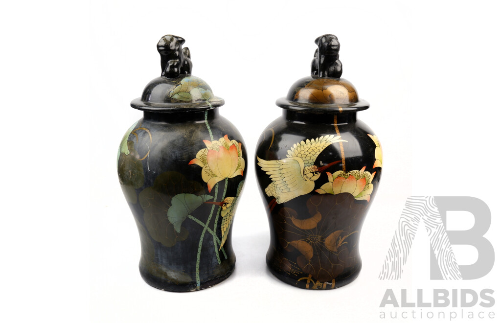 Pair Chinese Ceramic Hand Decorated Lidded Ginger Jars with Pho Dog Finials