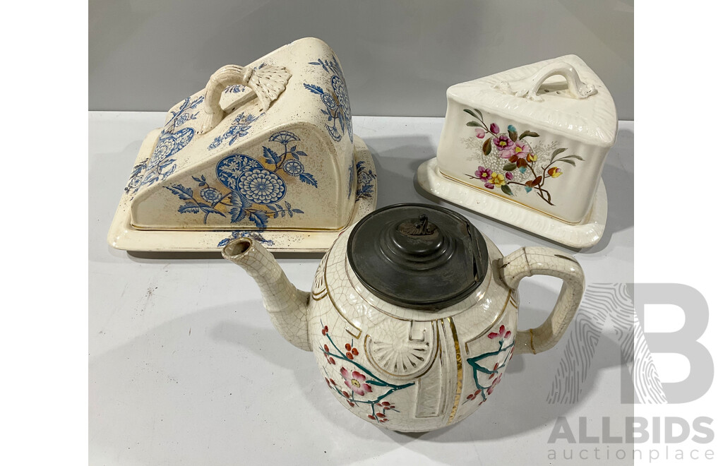 Two Antique Cheese Domes and Large Teapot