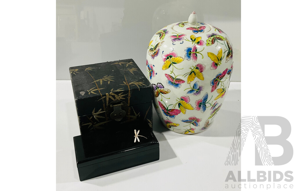 Ceramic Asian Butterfly Jar and Two Storage Boxes