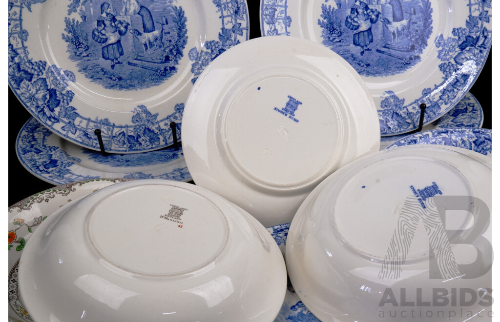 Set Twelve Copeland Spode Blue and White Porcelain Pieces in Spodes Byron Series Along with Two  Copland Spode Kutani Crane Decorated Bowls