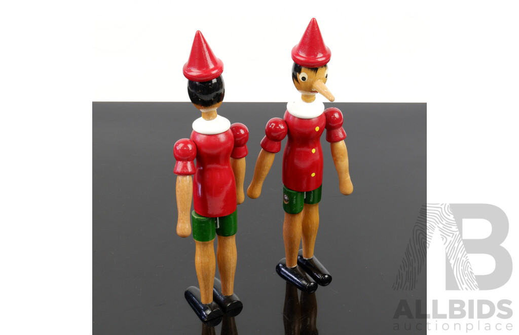 Pair Hand Made and Painted Wooden Pinnochio Figures