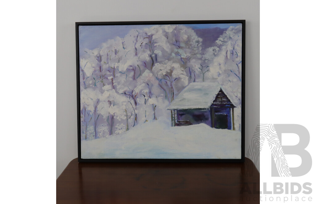 Cabin in a Winter Setting, Acrylic on Canvas, Unsigned