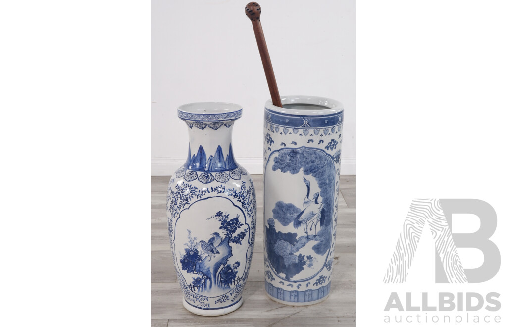 Blue and White Umbrella Stand and Large Vase