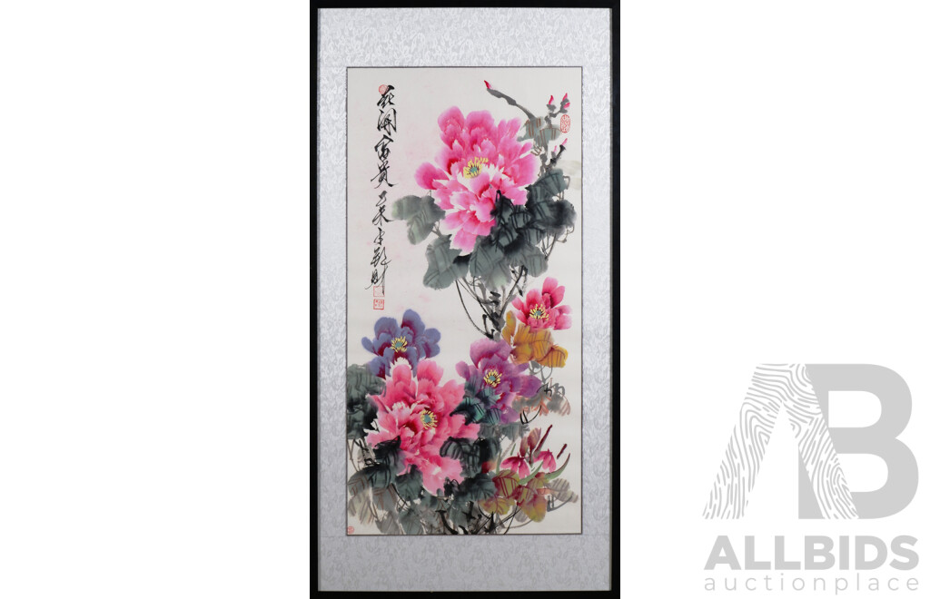20th Century Chinese Watercolour Scroll Painting, Peonies