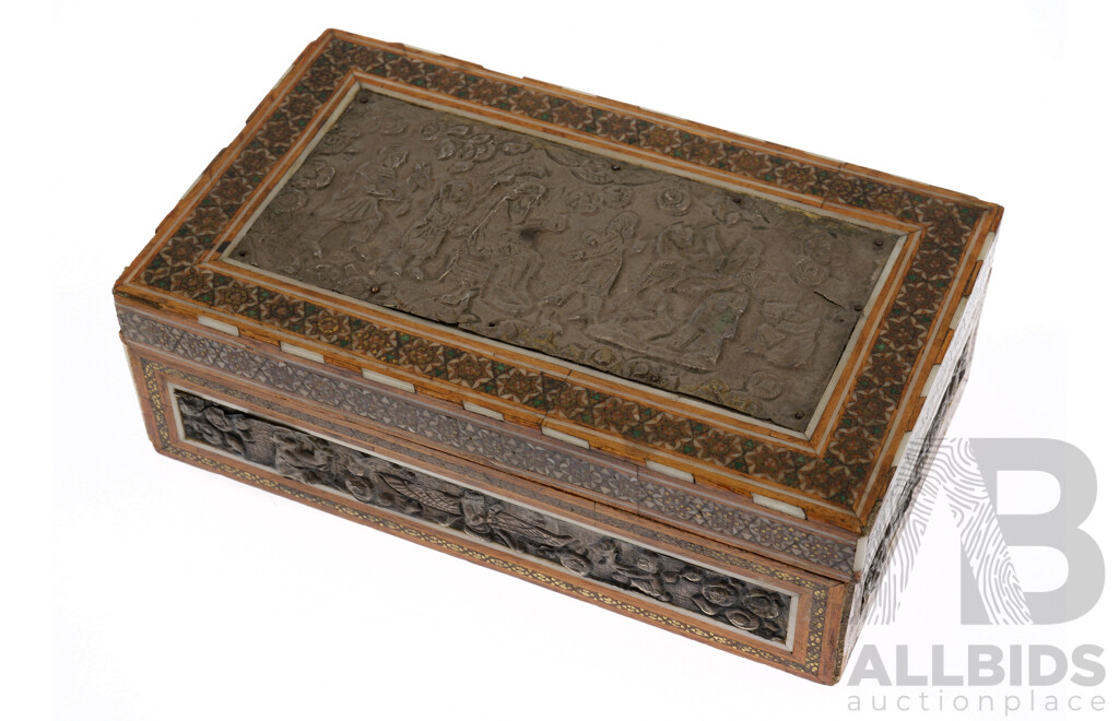 Fine Antique Persian Hand Made Khatam Mosiac Inlayed Box with Silver Assyrian Bas Relief Panels to Top and Sides