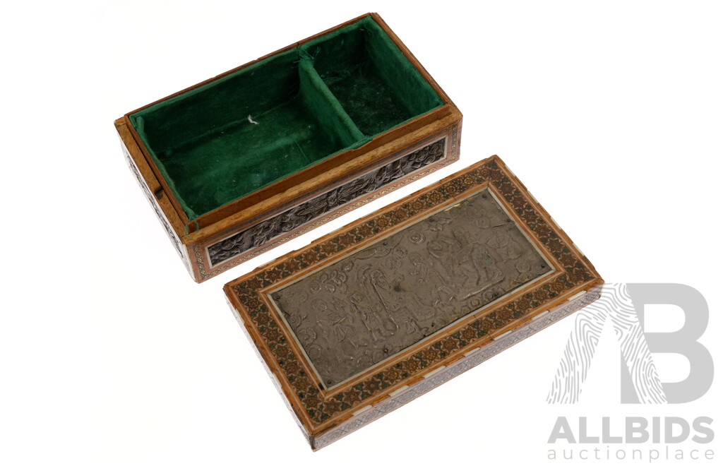 Fine Antique Persian Hand Made Khatam Mosiac Inlayed Box with Silver Assyrian Bas Relief Panels to Top and Sides